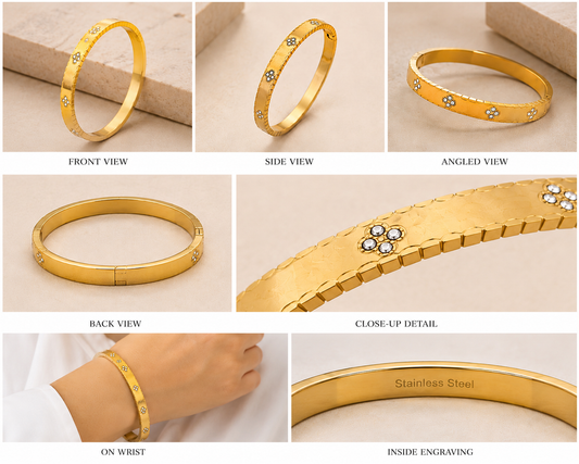 Luxury Floral Crystal Handcuff Bangle – 18K Gold Plated Stainless Steel Bracelet | Waterproof & Tarnish-Free