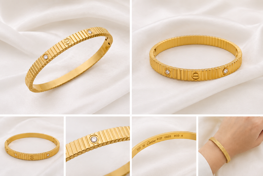Luxury Gold Ribbed Handcuff Bracelet – Premium Stainless Steel Bangle for Women