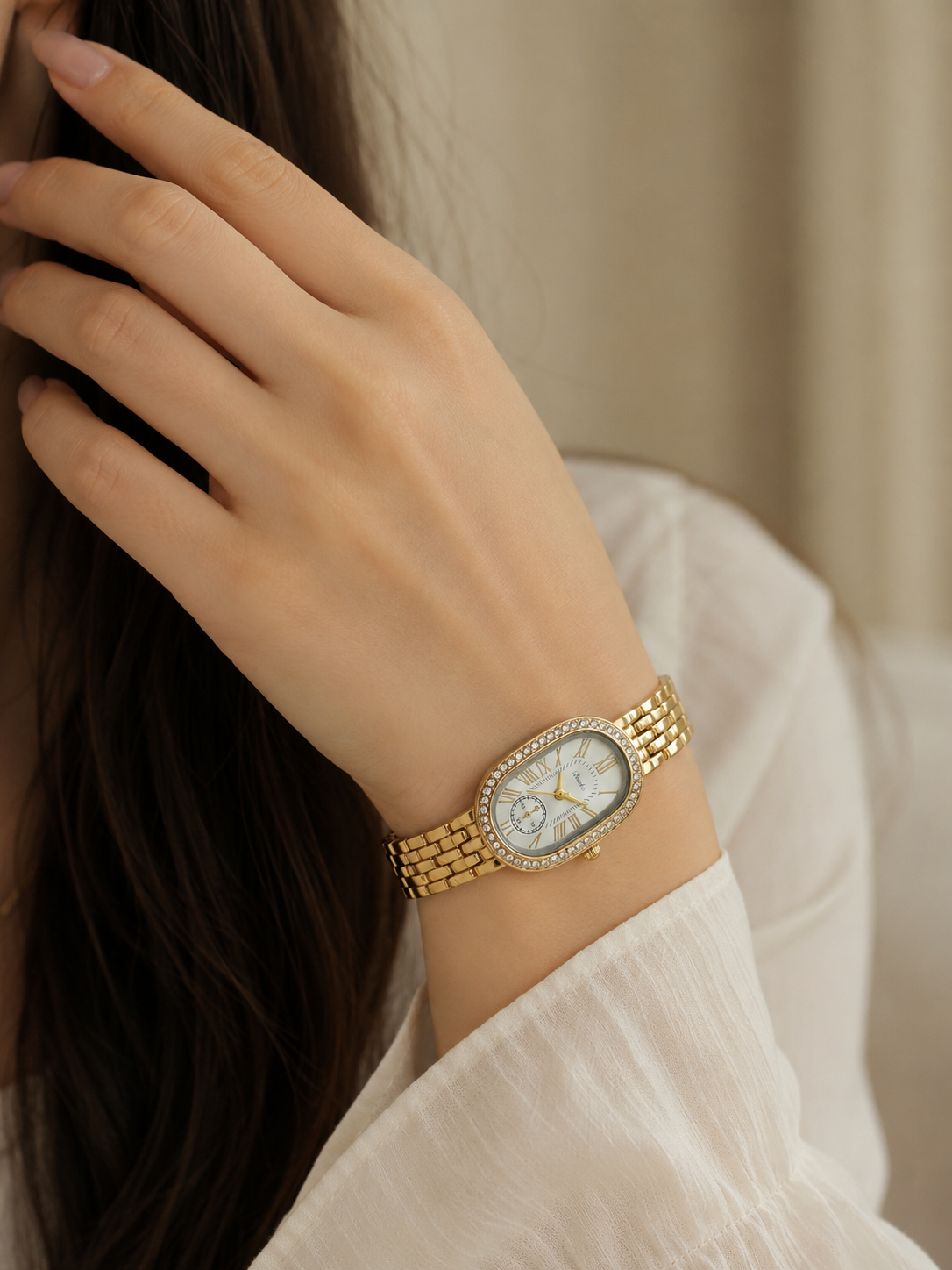 Oval Crystal Bezel Watch - Stainless Steel