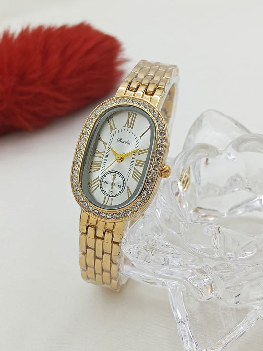 Oval Crystal Bezel Watch - Stainless Steel